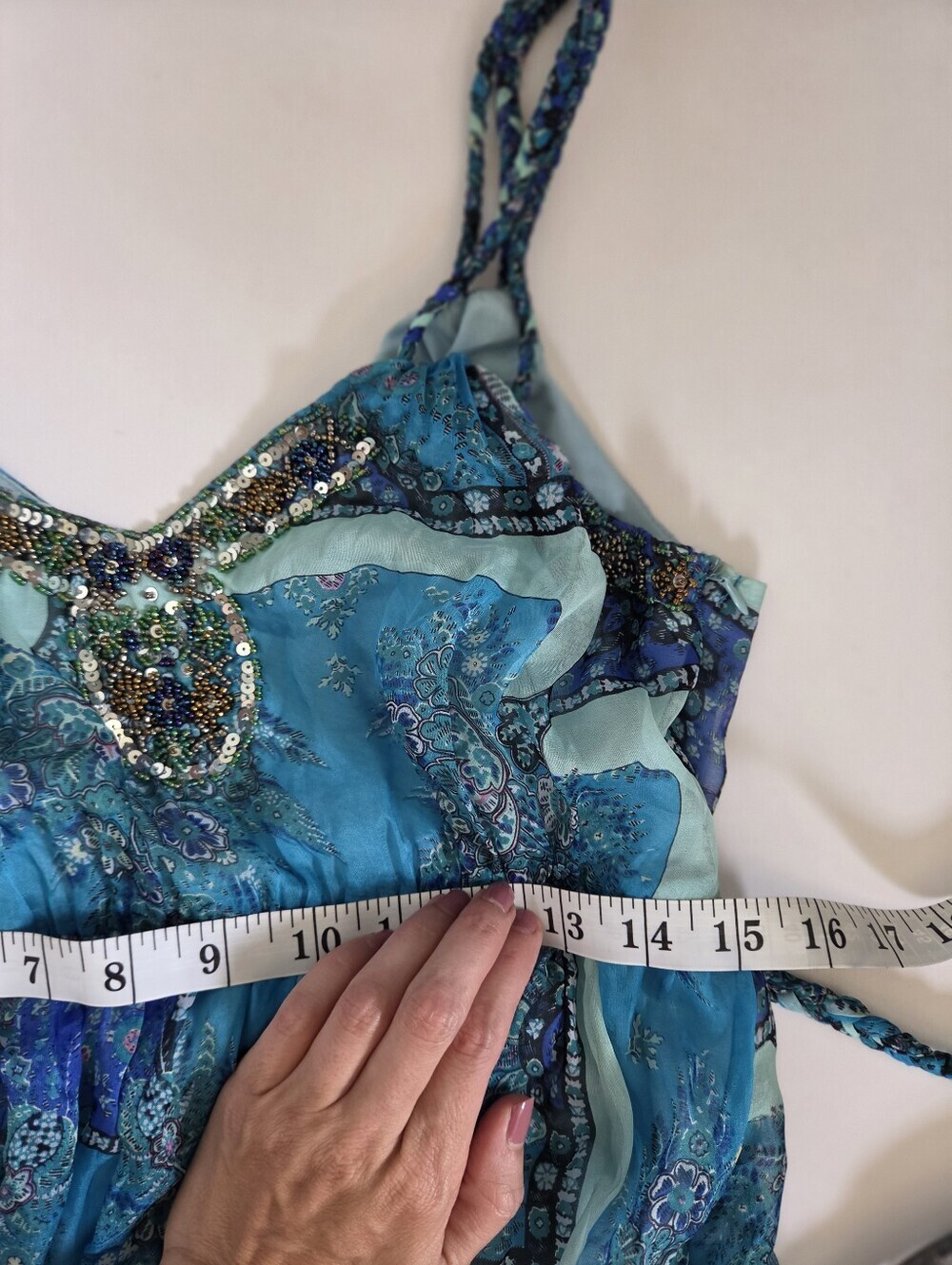 Blue Silk beaded maxi dress gown with waist tie patchwork boho stretch waist 4 - Picture 14 of 16